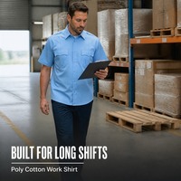 Chemise de travail pour homme à manches courtes en polycoton, boutonnée, avec deux poches poitrine et épaulettes, pour agents de sécurité et entrepôt