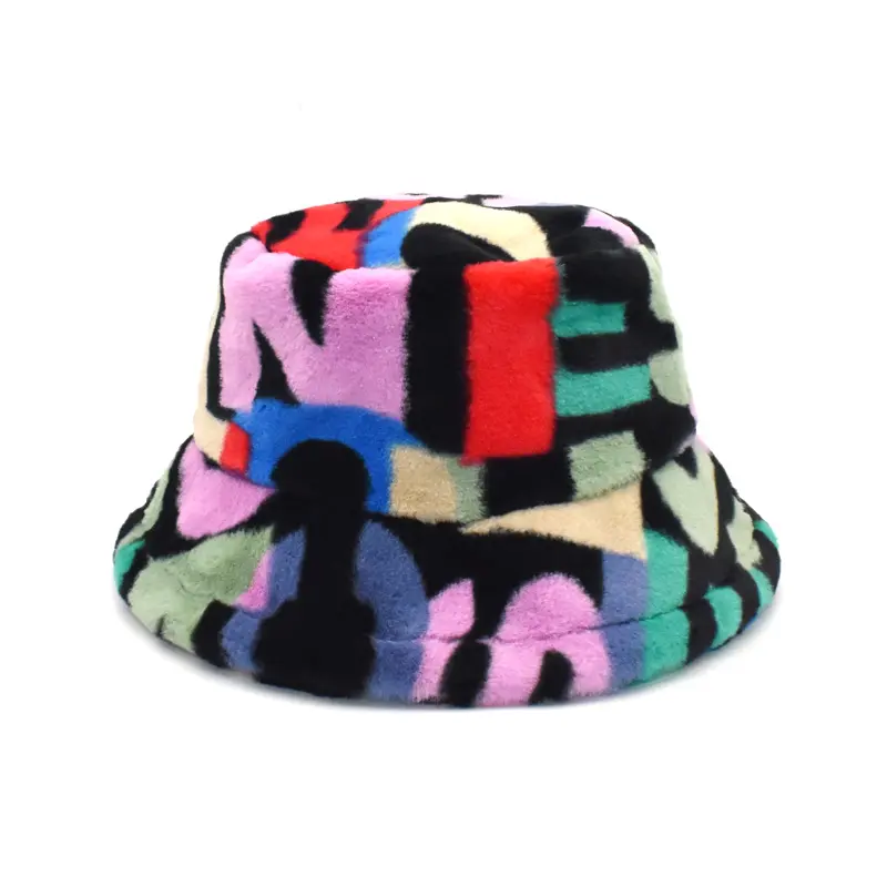 Topi Bucket Pola Warna-warni Bahan Bulu Kelinci Buatan Baru