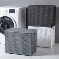 Panier à linge pliable avec couvercle, panier à vêtements en plastique pliable aspect rotin ventilé pour salle de bain, chambre, dortoir, maison