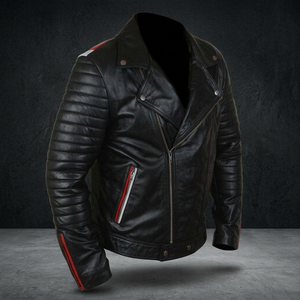 <b>Men</b> Genuine Leather Motorcycle <b>Jacket</b> Black Quilted Sleeve Zipper Closure Stand Collar Regular Fit Winter Wear Front Quick Dry - Product Image 1