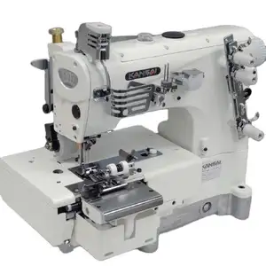 used KANSAI NW2202 is a flatbed, 2 needle, bottom cover stitch machine for belt loop making with front knives for belt cutting
