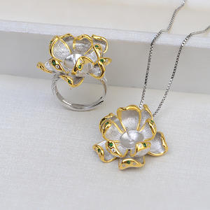 Ensemble de pendentif et bague en argent S925 avec 11-13 perles de séparation de couleur, fleur de lotus, accessoires de perles DIY, plateau, bijoux tendance, marée 1803 - Product Image 1