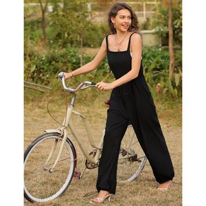 Mono negro sin mangas para mujer, de pierna ancha, informal, para verano, con bolsillos, transpirable, de cintura media y ajuste holgado. - Product Image 6