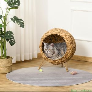 Handmade Natural Water Hyacinth Woven Cat <b>Bed</b> Modern Elevated Sphere Pet House with Washable Soft <b>Cushion</b> for Cats - Product Image 3