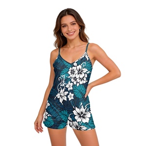 <span class=keywords><strong>Tuta</strong></span> <span class=keywords><strong>corta</strong></span> estiva da donna con motivo floreale e foglie polinesiane, scollo a V, senza maniche, con tasche - Product Image 1