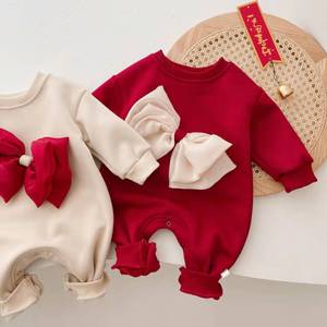 Tenue de <span class=keywords><strong>Nouvel</strong></span> <span class=keywords><strong>An</strong></span> pour bébé : Combinaison et barboteuse d'hiver en coton doublé polaire avec nœud pour nouveau-né - Product Image 3