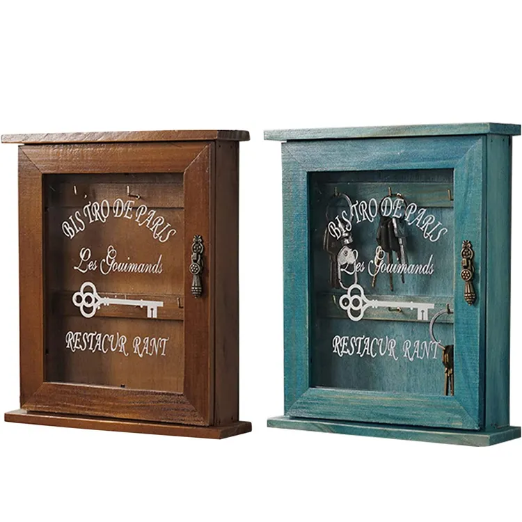Entry Wooden Wall Key Storage Box Home Pastoral Vintage Entry Storage Box Glass Key Storage