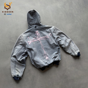 Heavyweight Acid Wash Distressed Zip-Up Hoodie Mens Vibe Streetwear Grunge Oversized Vintage Washed Graffiti Winter Embroidered - Product Image 3