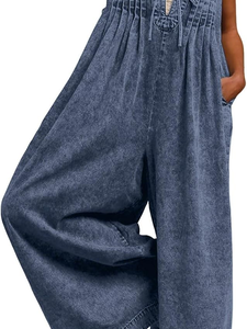 Women Denim <b>Wide</b> <b>Leg</b> <b>Jumpsuit</b> Sleeveless High Waist Casual Summer Playsuit Loose Fit Pantsuit - Product Image 2