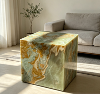 Table console en onyx vert naturel écologique de luxe, bloc de pierre polie, piédestal moderne, mobilier pour chambre à coucher, maison, villa
