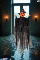 Figurine de citrouille suspendue AROMA Spooky avec filet noir et lumières LED pour Halloween, idéale pour les soirées d'Halloween effrayantes