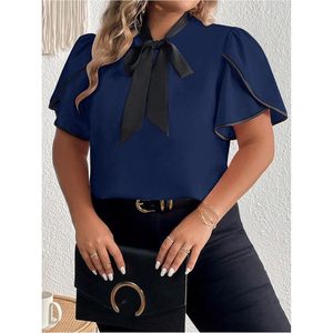 Chemisier pour femme grande taille bleu marine avec col à nœud papillon, manches à volants, en mousseline, élégant, décontracté, pour le bureau - Product Image 4
