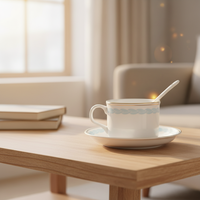 Ensemble tasse à thé et soucoupe en porcelaine fine de style européen, bordure or et rouge, avec cuillère, vente en gros, écologique, cadeau de mariage, logo personnalisé