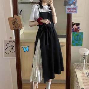 Black Two Piece Set Spaghetti Strap Dress With T Shirt Contrast Color Casual Daily Wear Women Summer 2025 French Style Overall - Product Image 2