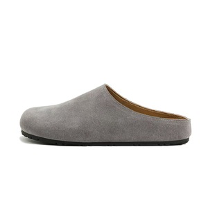 Gray <b>Suede</b> Slip-On <b>Mules</b> With Round Toe And Black Rubber Sole Comfortable <b>Flat</b> Shoes For Everyday Wear - Product Image 1