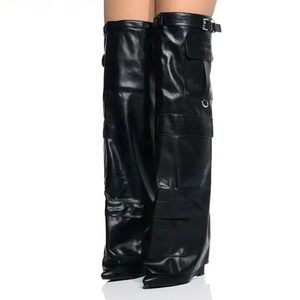 החורף האחרון של נשים עור שחור מעל הברך ארוך מגפיים ארוכות zip הסגר הצביע הבוהן טריז עקבים כיסים רך - Product Image 5