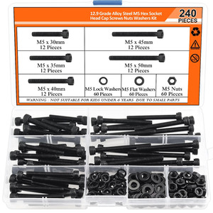 M5 Hex <b>Socket</b> Cap <b>Screws</b> Nuts Washers Kit 12.9 Grade Alloy Steel 240 Pieces Standard DIN912 - Product Image 1
