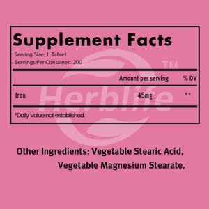 Suplemento de Hierro para Mujeres - Venta Caliente OEM - Personalizable |   45 mg |   200 Tabletas |   Tabletas Vegetarianas, Sin OMG, Sin Gluten - Product Image 2