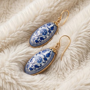 Ear Enlace Oem Odm 14K <b>Gold</b> Plated Oval Blue And White Porcelain Floral <b>Dangle</b> Hook <b>Earrings</b> Vintage Chinese Style Women Jewelry - Product Image 3