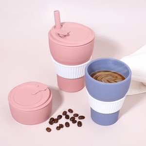 แก้วน้ำพับได้สำหรับกิจกรรมกลางแจ้ง แก้วกาแฟซิลิโคนพับได้ แก้วกาแฟสำหรับเดินทาง แก้วกาแฟสำหรับตั้งแคมป์ พร้อมฝาและหลอด - Product Image 1