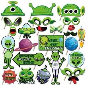 PZ263 25 pcs Green Magic Aliens Party Photo Booth Props Party Props Kit for Kids Birthday Party Decorations