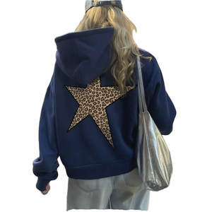 Women's Oversized Hoodie <b>Leopard</b> Star Applique Back <b>Print</b> Cotton Knitted <b>Sweatshirt</b> Autumn Style Regular Fit - Product Image 1