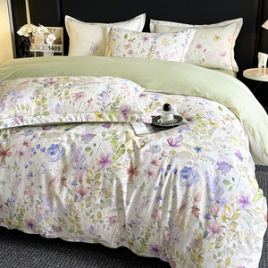 Ensemble de literie confortable en coton lavé, 4 pièces, imprimé floral, housse de <span class=keywords><strong>couette</strong></span> douce et respirante avec taie d'oreiller pour la maison, bleu - Product Image 2