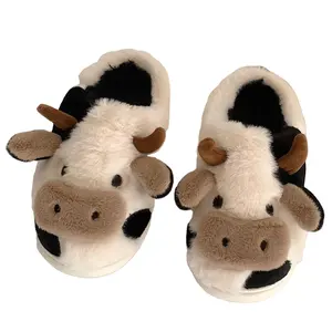 Chaussons pelucheux doux en peluche hiver chaud chaussures de maison vache mignonne Animal en peluche maison intérieur décontracté usine femmes tissu en coton