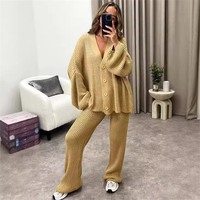 Ensemble deux pièces tricoté décontracté pour femme, col en V, respirant, motif uni, boutons décoratifs, collection automne-hiver, style ample, OEM