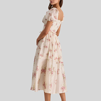Gaun Midi Korset Wanita Vintage Motif Bunga Mawar Pink dengan Lengan Puff, Elegan, Gaya Cottagecore, Model Fit-and-Flare