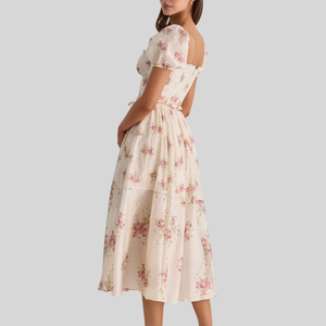 Robe midi corset rose vintage à manches bouffantes et motif floral pour femme, élégante, style cottagecore, coupe évasée, robe d'été - Product Image 2