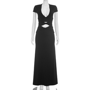 Vestido Casual Elegante para Mujer Viviblook C26DS262, Color Sólido, Manga Corta, Escote en V Profundo, Corte Ajustado, Estilo Maxi - Product Image 1
