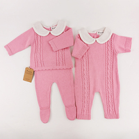 Ensemble bébé en tricot torsadé Pinuotu, col Peter Pan, barboteuse-pantalon à pieds, 3 pièces, rose doux, nouveau-né, OEM ODM, usine personnalisée