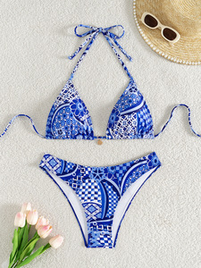 Conjunto de Bikini de 2 Piezas con Estampado Floral para Mujer, Cuello Halter, Spandex, Poliéster, Traje de Baño Elástico, Estilo Regular, Braguita Hipster - Product Image 6