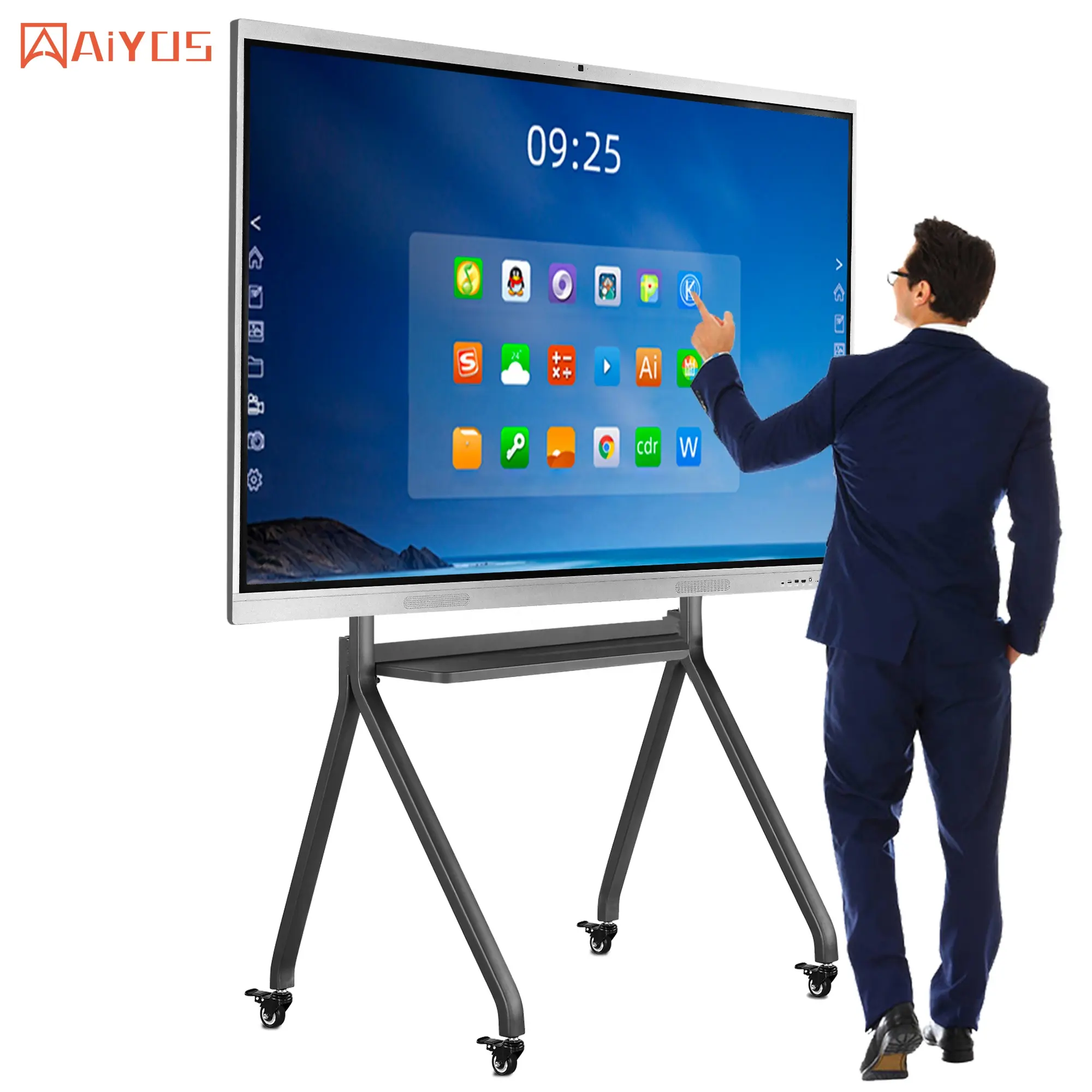 AIYOS 65 inch floor stand multi-touch school interactive whiteboard teaching touch screen 4K UHD for meeting