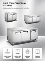 Table de travail avec congélateur en acier inoxydable de style américain, 48 pouces, 2 portes, refroidissement par ventilateur sous le comptoir, réfrigérateur intégré