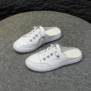 Chaussures plates à enfiler pour femmes, été 2026, en cuir véritable, respirantes, légères, à talon ouvert, baskets blanches - Product Image 3