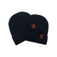 Écusson en cuir personnalisé chaud hiver bleu marine laine Beanie chapeau thermique épais bonnet de neige chapeaux pour hommes femmes
