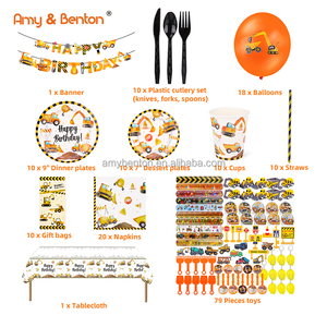 Construction fête d'<span class=keywords><strong>anniversaire</strong></span> fournitures tasses assiettes signes serviettes nappe 79 pièces ingénierie de la Construction jouets à thème pour garçon - Product Image 2