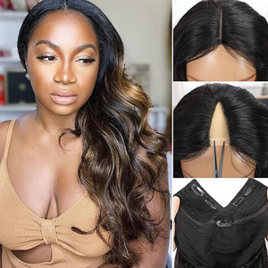 Parte V sin costuras Venta al por mayor Media peluca Pelucas onduladas del cuerpo Sin pegamento <span class=keywords><strong>Comprar</strong></span> a granel Pelucas de cabello humano de cabello indio virgen para mujeres negras - Product Image 3