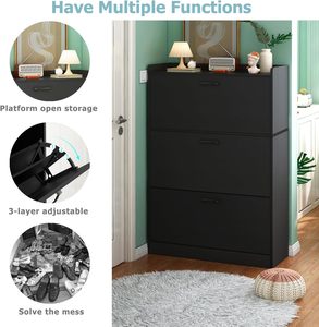 Meuble de rangement à chaussures en bois noir multicouche ultra-mince et haut, avec 3 portes coulissantes et palette en bambou - Product Image 5