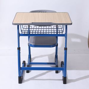 Bureau d'école Lin Ying avec panier de rangement pour élèves du primaire, design moderne et minimaliste, cadre bleu, plateau en bois - Product Image 3