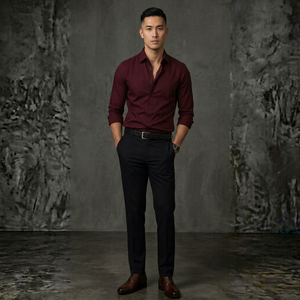 Chemise habillée bordeaux unie à manches longues pour homme, col rabattu, en popeline de coton infroissable, style décontracté chic, idéale pour l'automne - Product Image 1