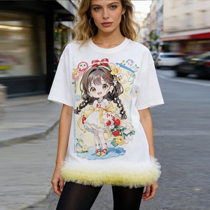 ZiTong <strong>Women's</strong> Fashion Anime Chibi Fairy Print T-Shirt <strong>Women</strong> <strong>Yellow</strong> Furry Trim Casual <strong>Tops</strong> Wholesale - Product Image 2