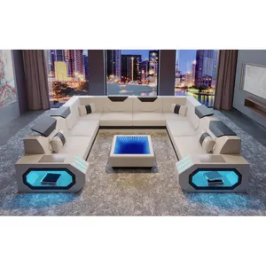 Modern ev İtalyan tasarım büyük u şekli kesitleri deri kanepe oturma odası mobilya kanepeler led ışık