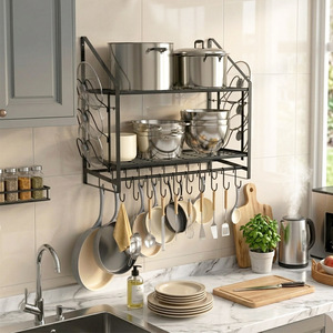 <b>Wall</b> Mounted Double Layer <b>Storage</b> Rack With <b>Hanging</b> Hooks For Kitchen Cookware Dishes Tableware Organization - Product Image 2