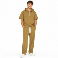 Ensemble 2 pièces décontracté pour homme : sweat à capuche mi-zippé à clous et manches courtes en tricot thermique imprimé, et pantalon taille élastique – Collection automne