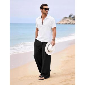 FOXA Linen Cotton Pants Men Wide Leg <b>Elastic</b> Waist Breathable Casual Summer Trousers - Product Image 2