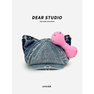 Casquette octogonale à oreilles de chat et nœud clouté pour femme, style Y2K, casquette de peintre en jean bleu, version cuir et coton - Product Image 5