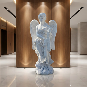 Statue d'ange grandeur nature sculptée à la main en marbre <span class=keywords><strong>blanc</strong></span>, tenant un panier tressé, sculpture d'ange ailé en pierre naturelle pour manoir - Product Image 3